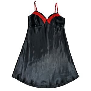 Vintage Satin Slip Dress Medium Chemise Black Red Lace Goth Y2K Grunge Coquette